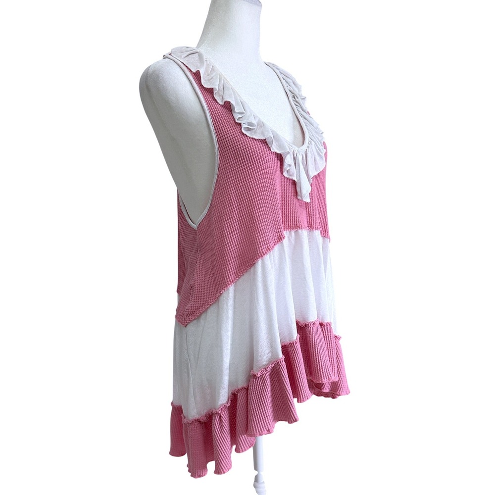 POL Waffle Knit Tank Top Women Medium Pink White Ruffle Tiered Boho FKT554 - Picture 4 of 11